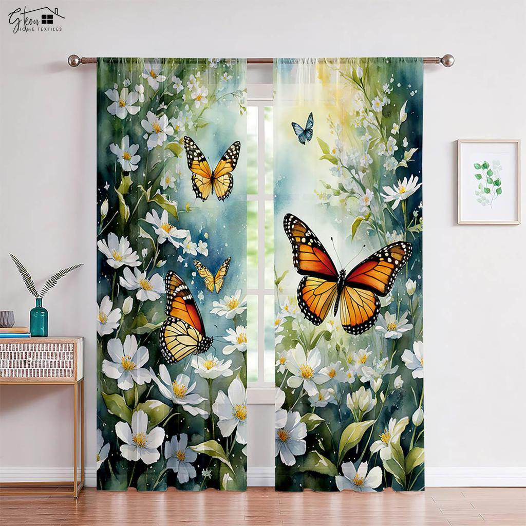 2-Piece Wooden Wisteria Flower Butterfly Printed Window Curtains Pastoral Style Bed Room Living Area Study Kitchen Curtains