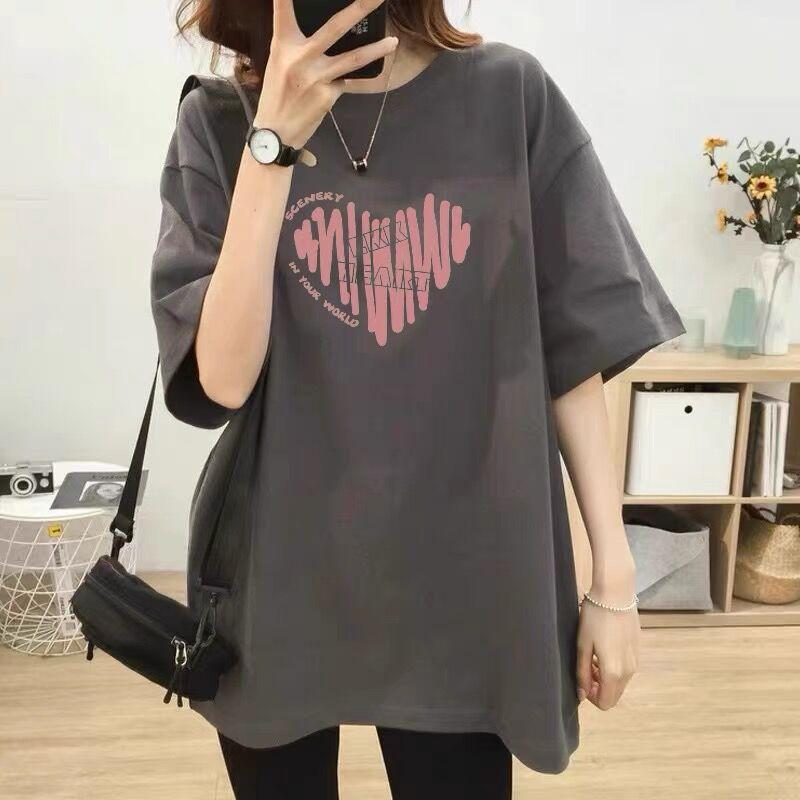 Women Plus Size Cotton T-Shirt Summer Short Sleeve Heart Print Mid-Long Loose Casual Pullover Top For 200lbs