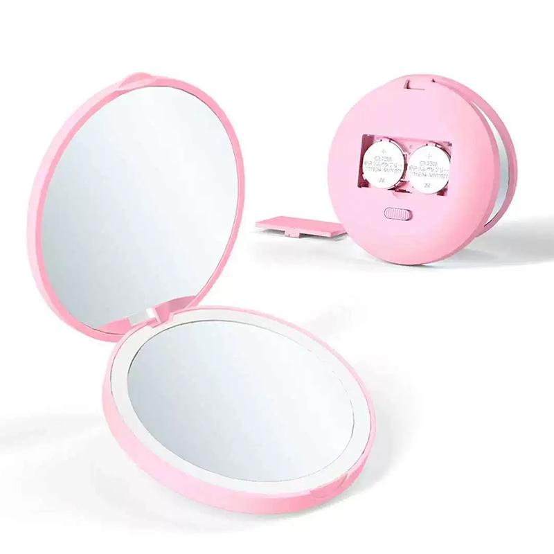 Compact Mini Gift Vanity Folding Cosmetic Mirror With Lights Portable Hand Held Small Pocket Travel Makeup Mirror 2X Magnifying