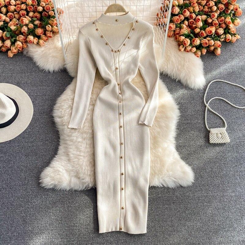 

RUGODL эластичное трикотажное платье с длинными рукавами и v-образным вырезом, осень-зима 2022, новый стиль, длинная юбка с обтягивающим низом и ягодицами One Size слоновая кость