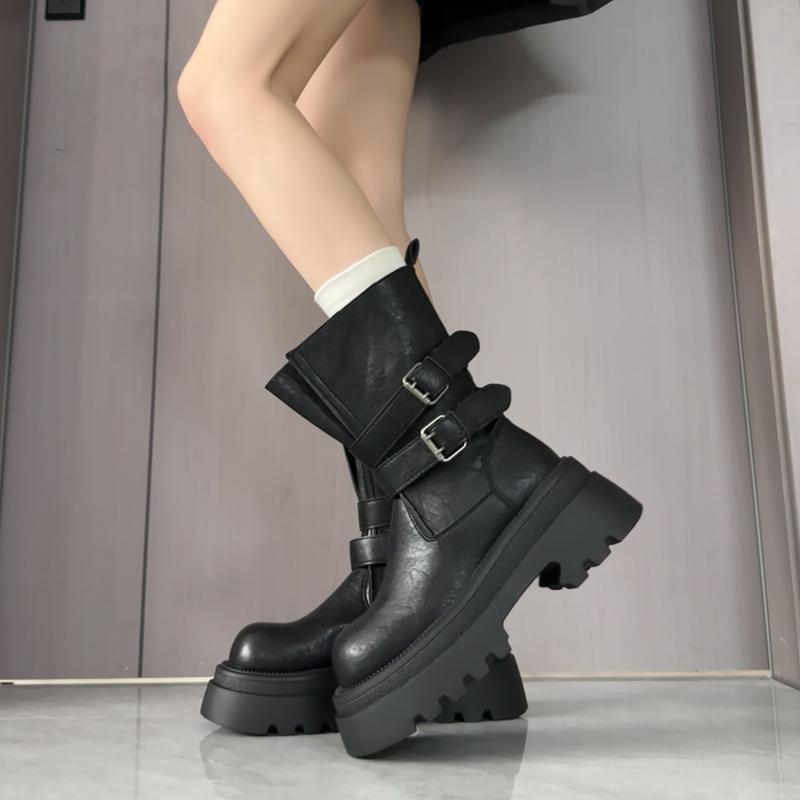 Vintage Platform Thick Heel Women Knight Boots Fashion Belt Buckle Height Increase Shoes Winter Punk Style Women'S Short Booties