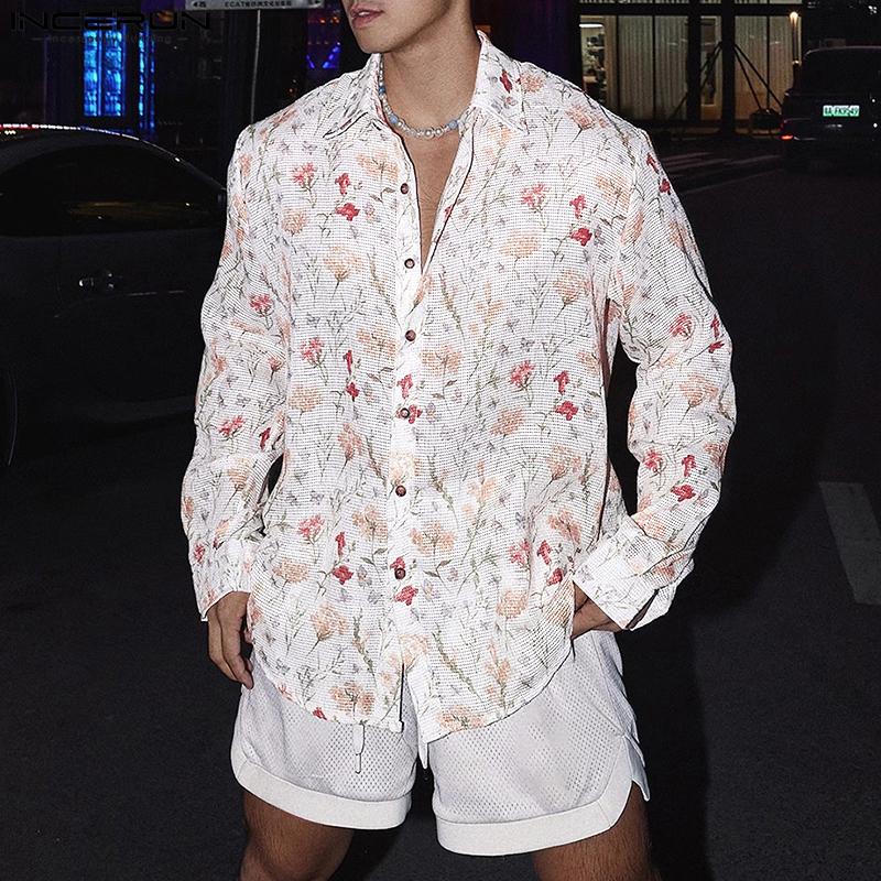 INCERUN Mens Oversized Long Sleeve Button Down Hollow Out Floral Print Casual Loose Shirts