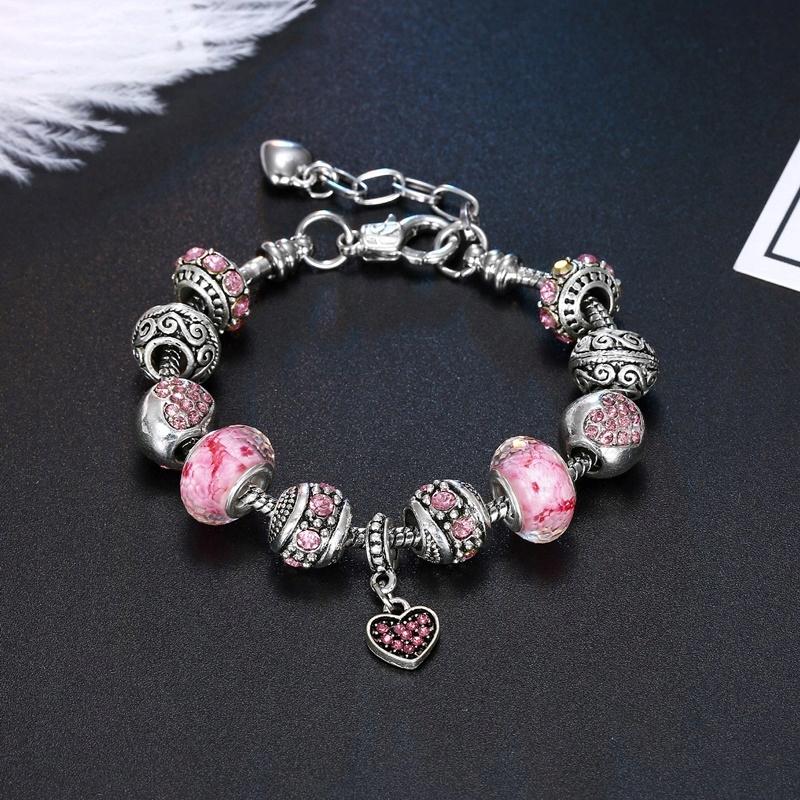 Bracciale Modulare Argento Perline Rosa Ciondoli Regolabile 19 - 22 cm
