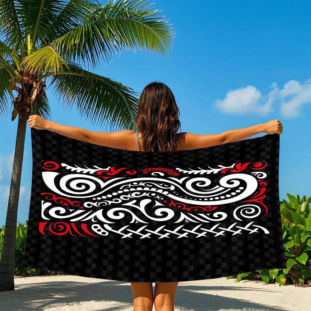 Polynesian Tribal Totem Beach Towel, Red White Black Cultural Art for Tropical Coast W30*H60(CM)