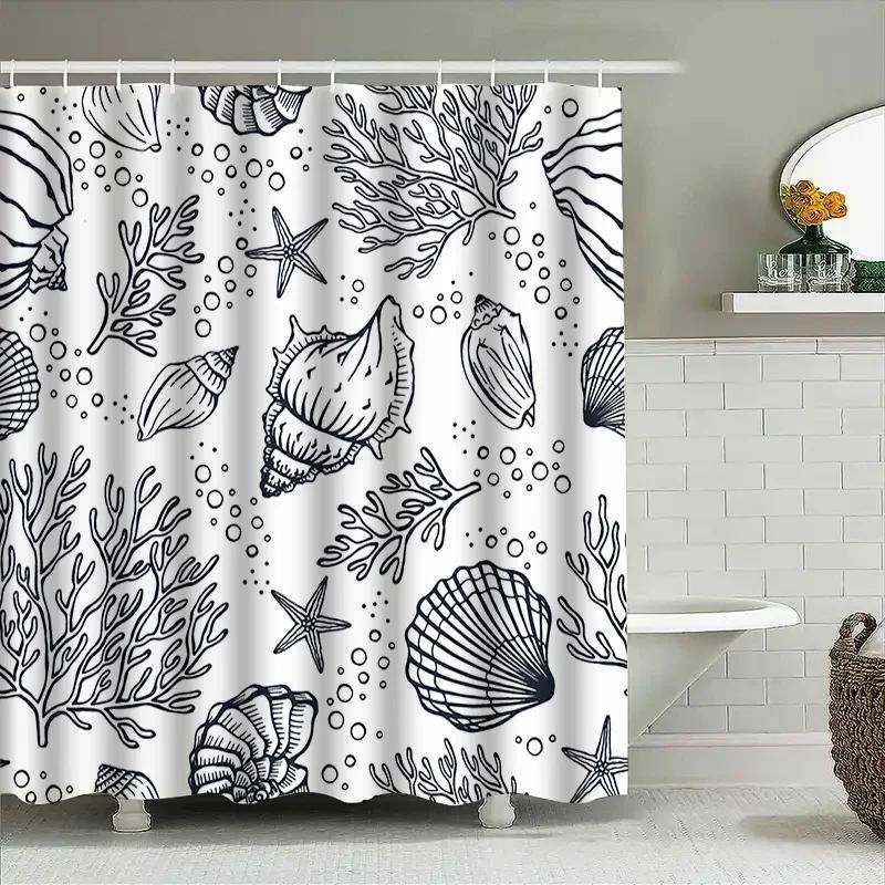 Ocean Life Print Shower Curtain Nautical Bath Decor With Seashells Coral Black White Pattern Bathroom Liner