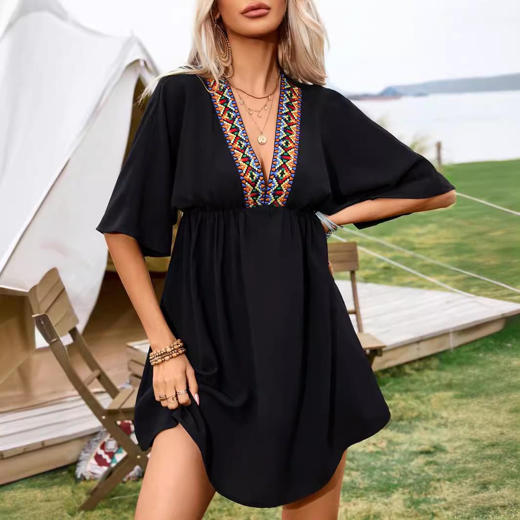 

Women s V-Neck Braided Strap Dress – Summer 2024 Festival Short Skirt M чёрный