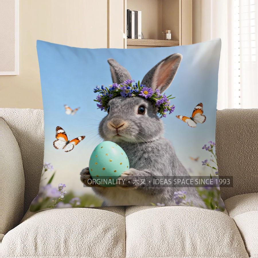 2D Gray Bunny With Egg And Butterflies Pillow Cover Pattern Cushion Cover Suitable For Sofa Bedroom Car Pillow Cover