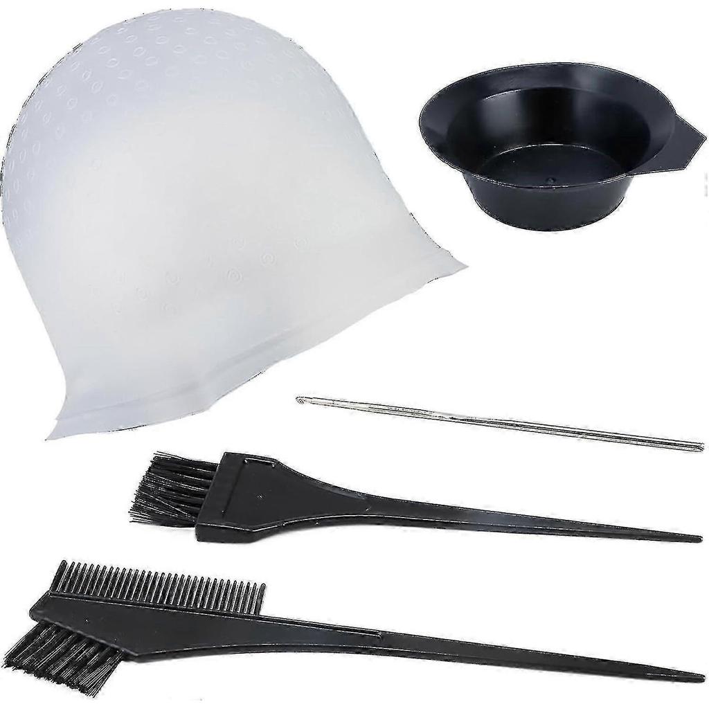 5 Pcs Silicone Highlighting Cap Kit Punched Hole Highlight Cap with Hook Needles Salon Hair Dye Comb Hair Dye Brushes T Walkbee 3776 B