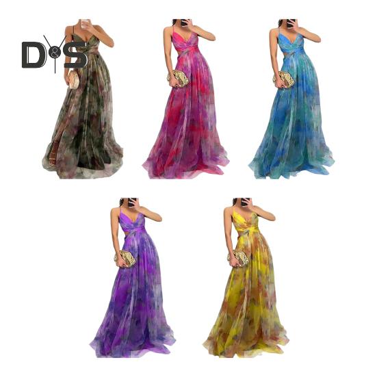 Damen Spaghettiträger Maxikleid Blumen Boho Tiefer V-Ausschnitt Aushöhlen Mesh Plisseekleid Sommer Strand Party Swing Langes Kleid