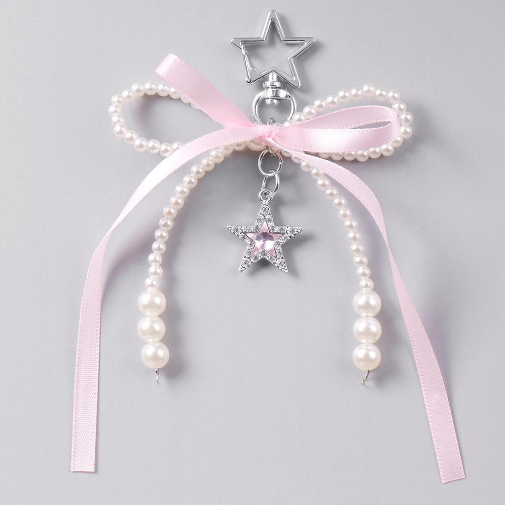 Versatile Multi-Color Webbing Faux Pearl Bow Rhinestone Star Keychain Charm