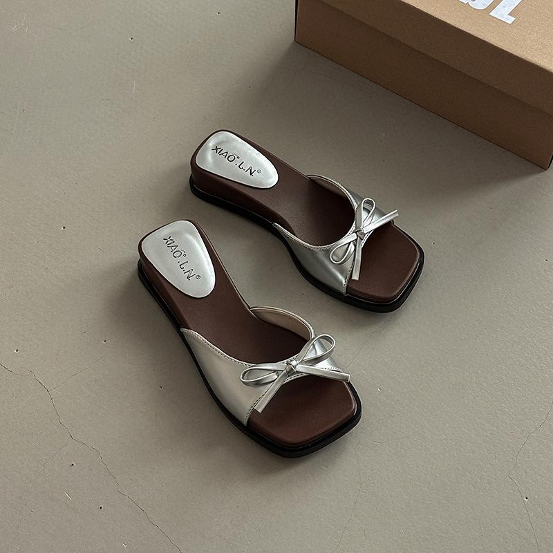 Bow versatile cool slippers women's summer French casual super fire slope with sandals fashion with skirt slippers