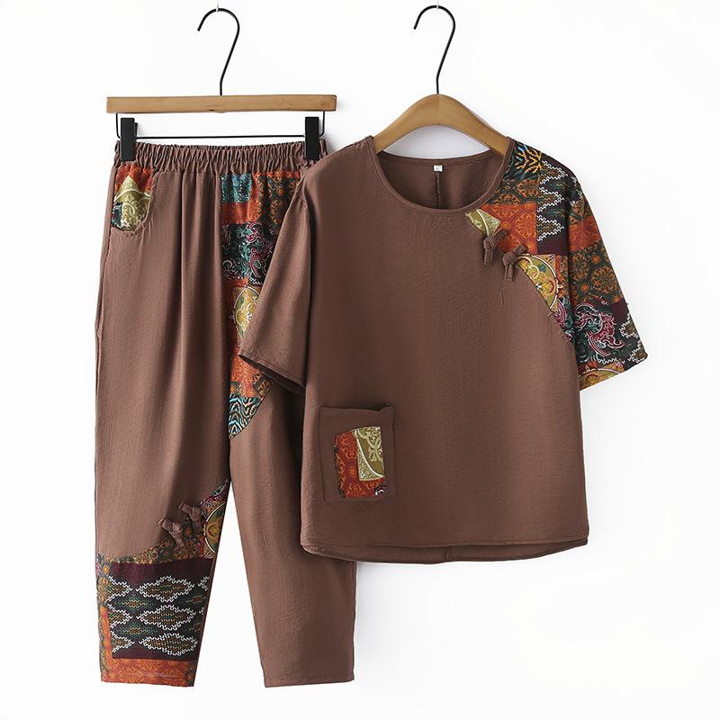 

Women s Casual Suit Summer Fashion Plus Size Clothing Loose Cotton Linen Short SleeveTops Harlan Cropped Pants Two Piece Set 5XL кавовий