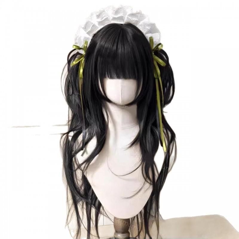 Lolita Wig With High Layered Long Wavy Hair Twin Ponytail Clip-on Set Silk Base Cap Heat Resistant Synthetic Fiber Cosplay