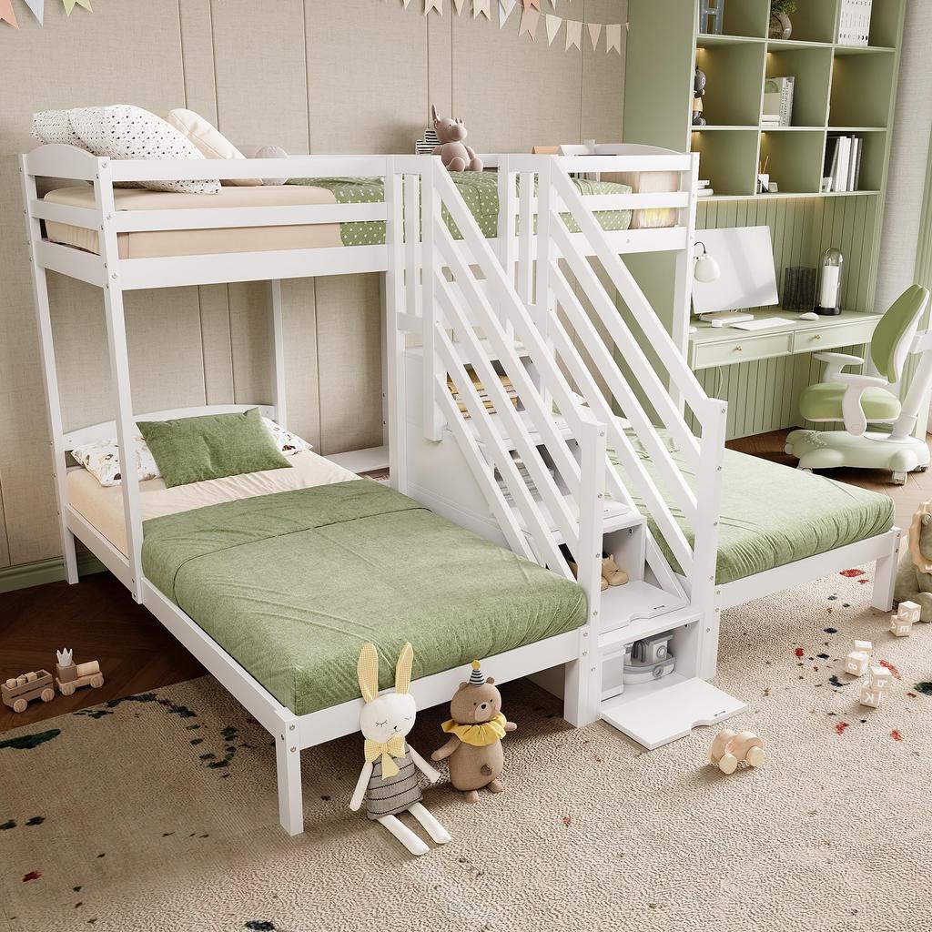 Etagenbett 90x200 3 Kinder EN747 zertifiziert Hochbett Holzbett Stauraumtreppe Jugendbett 3 Betten Lattenrost ohne Matratze Weiß
