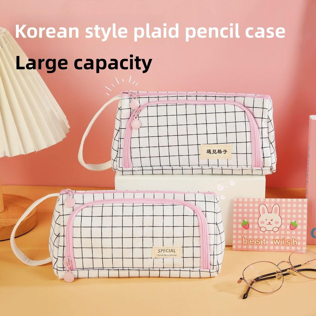 Modern Canvas Pencil Bag With Large Capacity And Grid Design For School Supplies