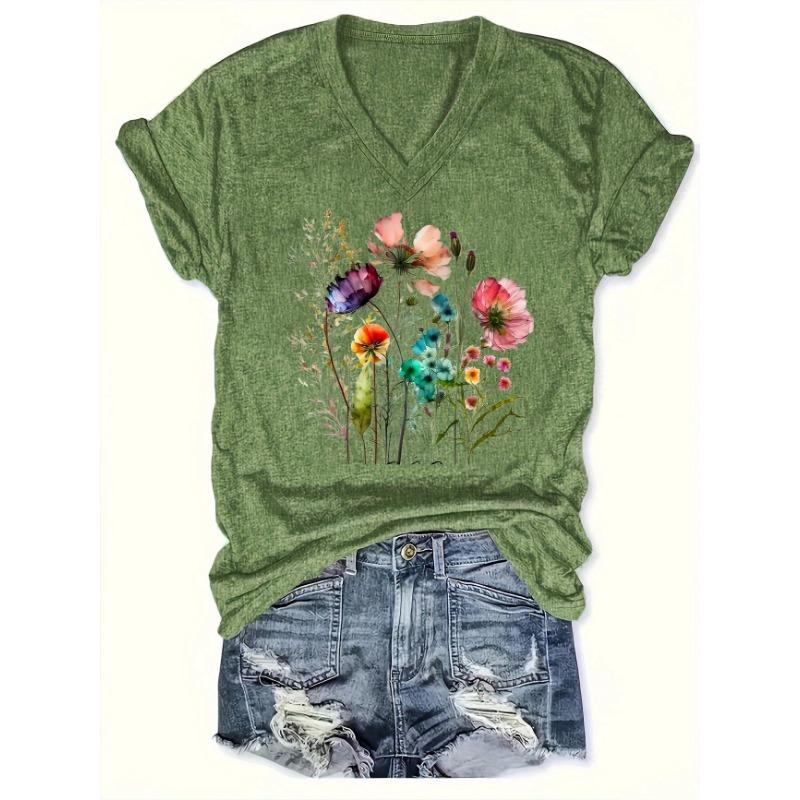 Women's T-Shirt Floral Pattern Printing Fashion Casual Oversized High-Quality Tee Shirt V-Neck Women's Clothing Summer