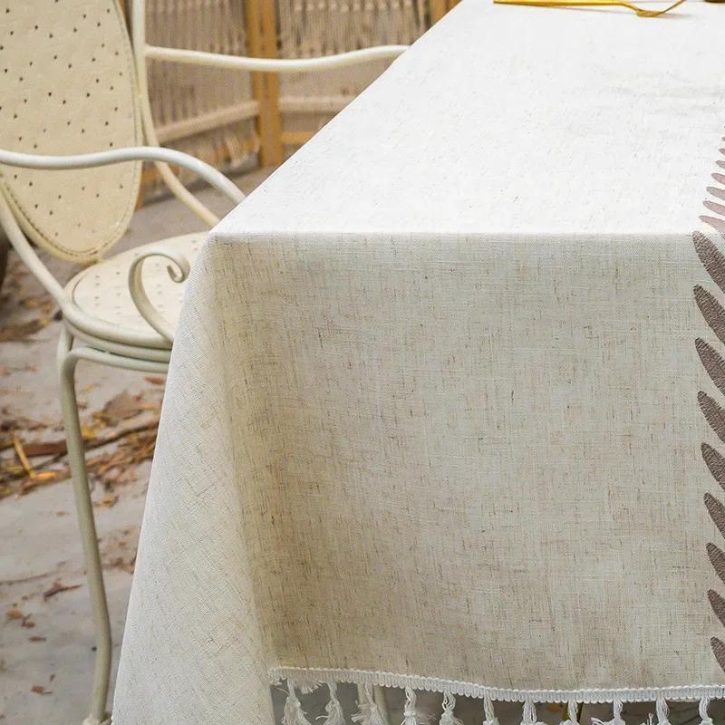 Embroidered Tablecloth Cotton Linen Waterproof Rectangle Table Cover Vintage Leaf Pattern for Kitchen Dining Living Room Decor