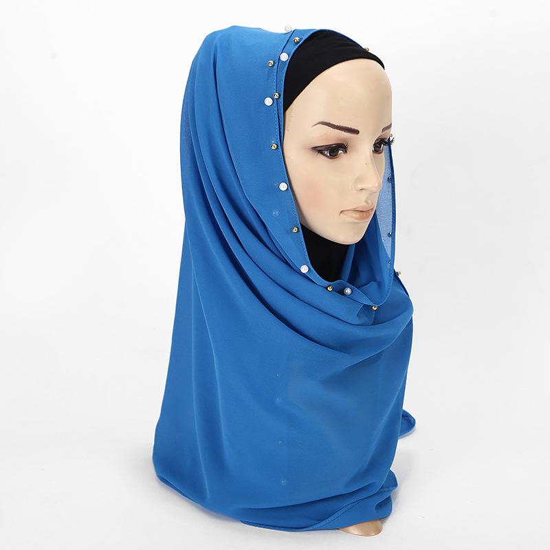 Women Solid Color Pearls Chiffon Scarf Muslim Lady Hood Headcloth