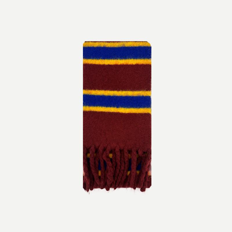Niche Style Handmade Tassel Knitted Striped Wool Blend Scarf for Women Warm Wool Small Scarf