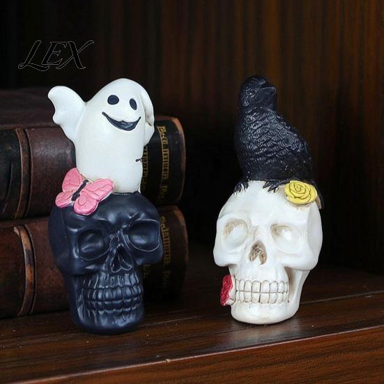 Artistic Home Ornament Gothic Halloween Skull Figurine, Spooky Ghost/Raven On Statue, Atmosphere Props Resin Tabletop for Desk, Mantel, Shelf