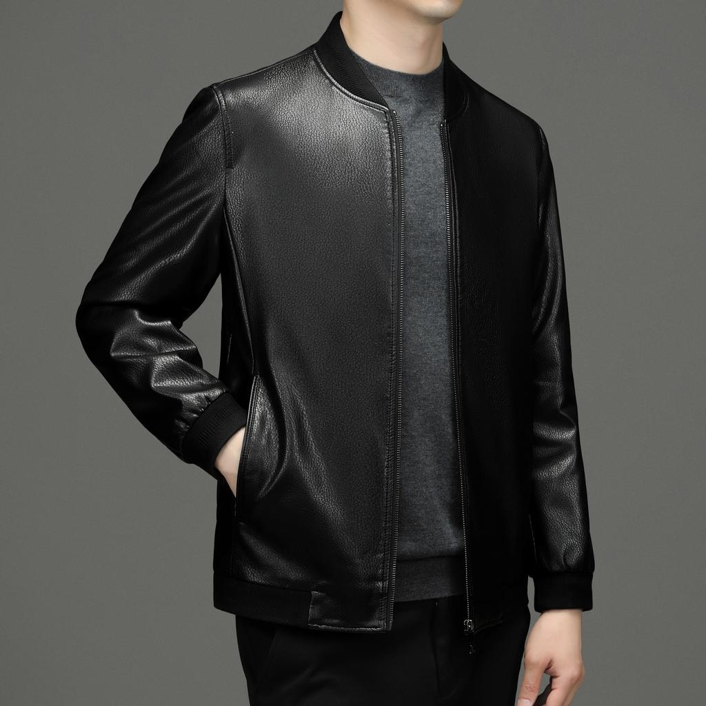 Echtlederjacke Herbst und Winter Slim Motorradanzug Mittelalterlich Lässig Baseballkragen Herren Lederjacke Papa-Kleidung