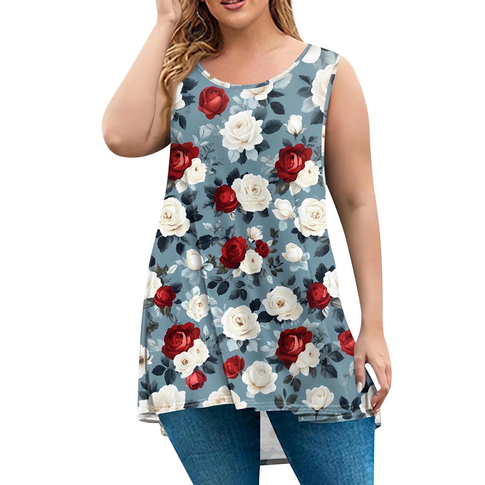 

Женская мода большого размера с круглым вырезом без рукавов повседневный свободный пуловер с принтом XXXXXL красный