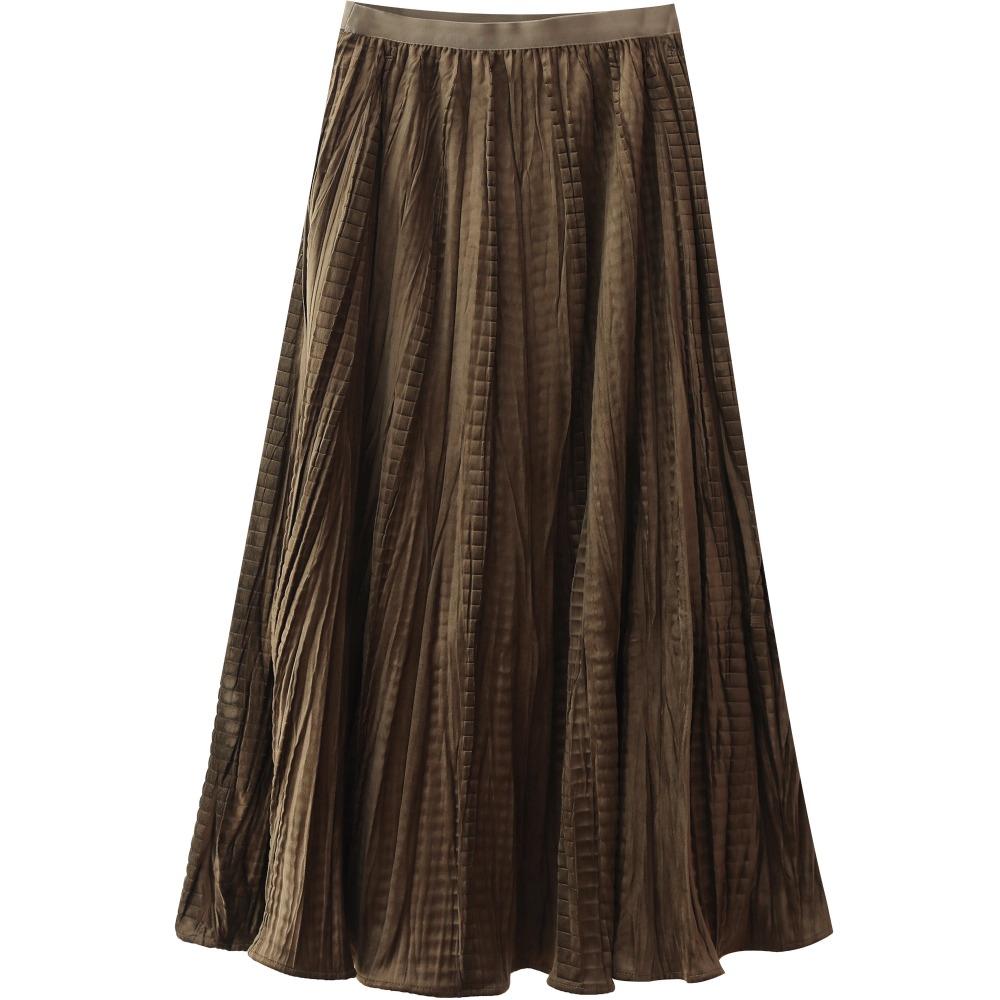 DIMANAF 2025 Autumn New Women Skirts Solid Plaid Loose Elastic Waist Pleated Elegant Long Skirts Red