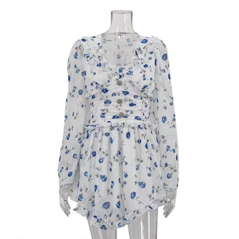 

Вестерн Стиль Новое Сексуальное Платье с Кукольным Воротником, Длинным Рукавом, Принтом и Кулиской, Короткое Платье, Сексуальное Платье с Принтом White L