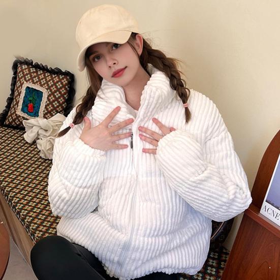 Damen Cord Pufferjacke Langarm Reißverschluss Gesteppt Daunenmantel Winter Verdickt Warm Gefüttert Oberbekleidung