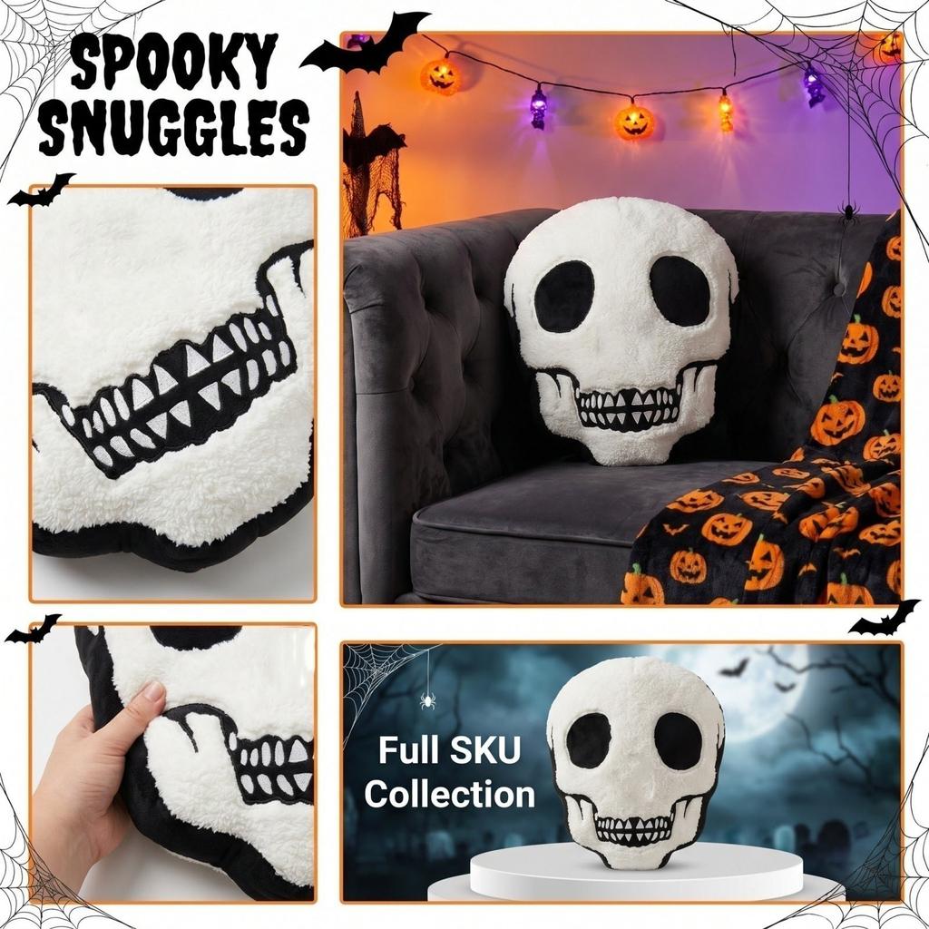 40CM Skull Shaped Plush Pillow Soft Stuffed Cushion Decorative Halloween Skull Head Plush Toy for Home Office Car Sofa