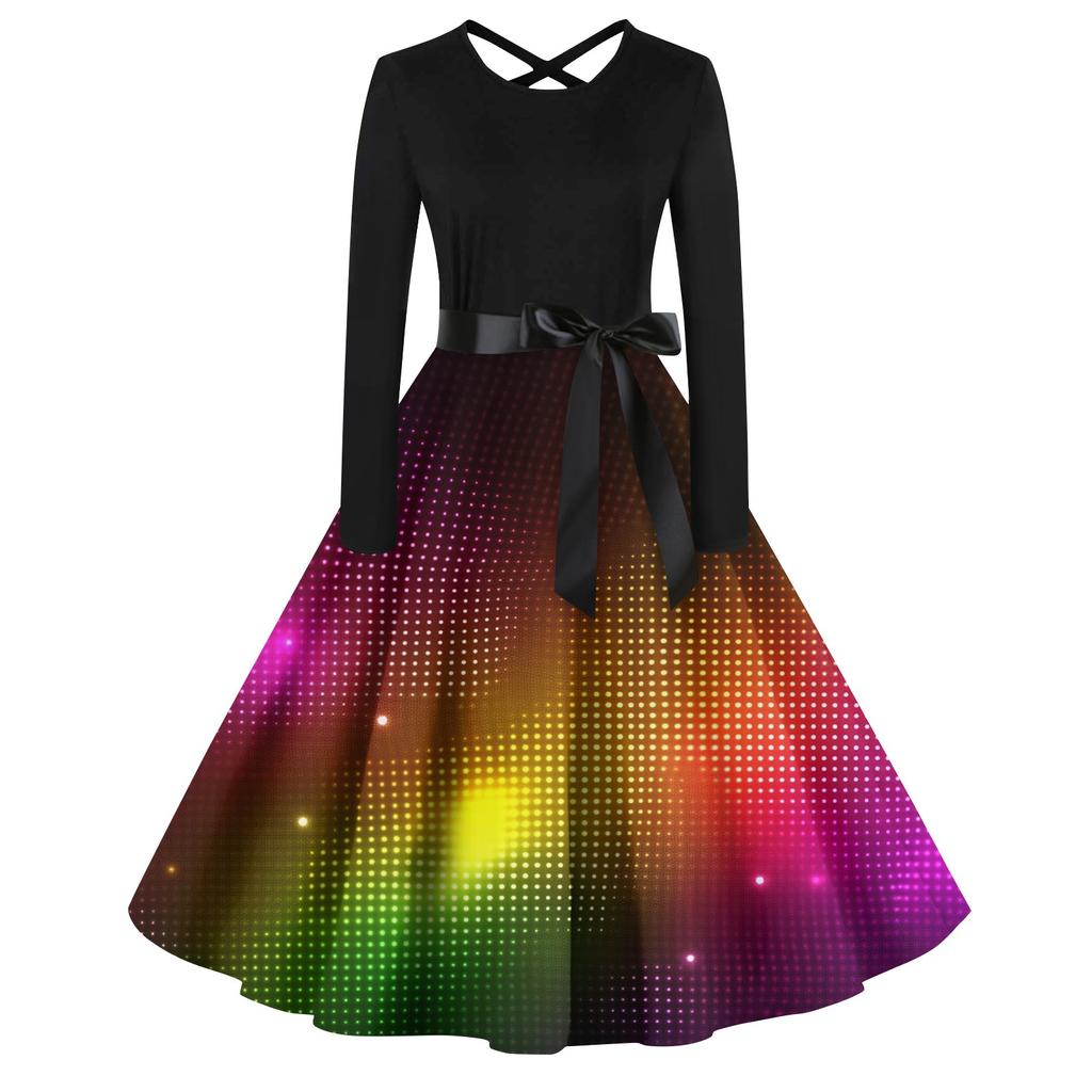 Women's Casual Print O-neck Pullover High Waist Long Sleeve Dress