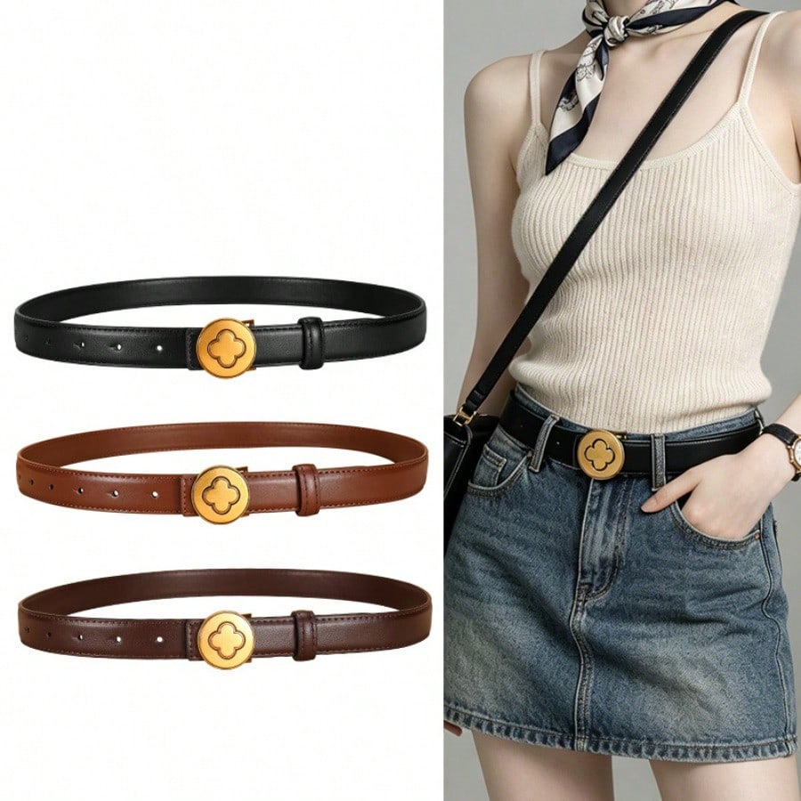 Fashion and Casual Versatile Women's Genuine Cowhide Buckle Jeans Belt, Women's Smooth Buckle High-end Belt
