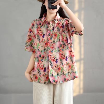 Summer Women's New Korean Version Printed Lapel Single-breasted Loose Short-sleeved Shirt Blouse Top
