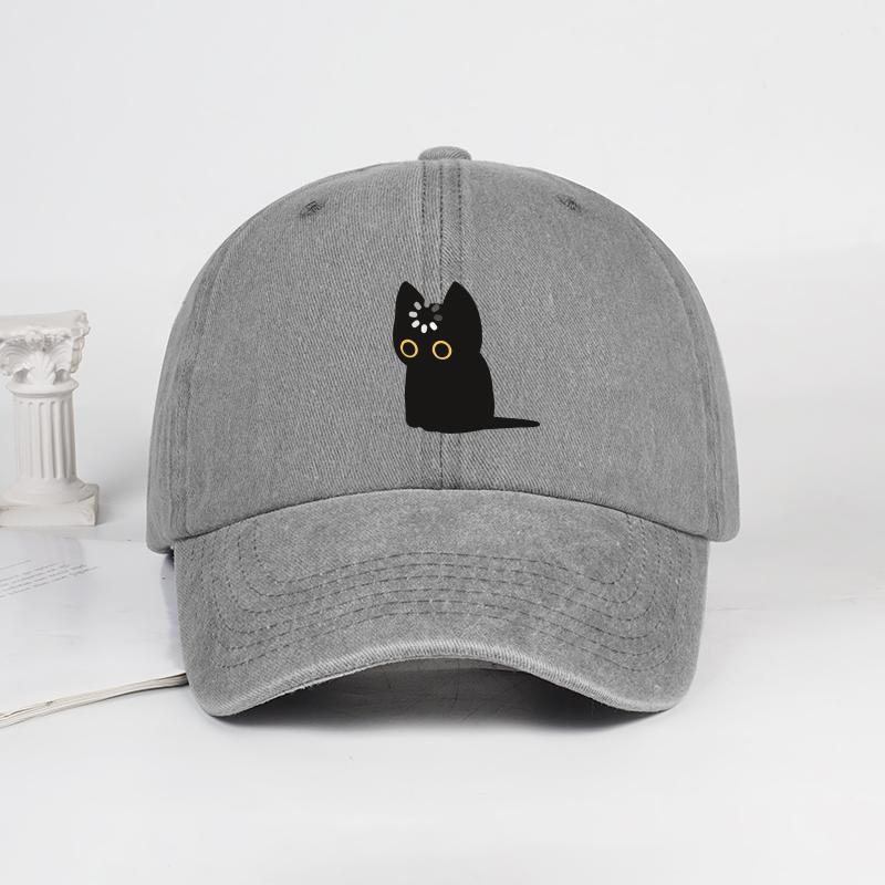 

Cute Black Cat Print Washed Baseball Cap Soft, Comfortable, Lightweight, Breathable, Adjustable Adorable, Healing, Trendy, Fashi сірий