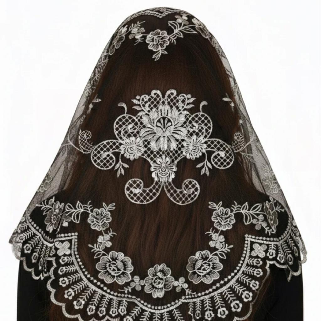 Catholic Church Lace Veil, Cross Lily Embroidered Mantilla Chapel Veil, 130×65cm Women Religious Head Covering Scarf