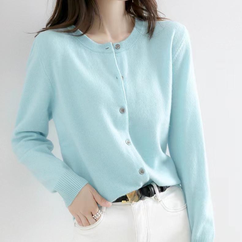 Herbst- und Winterstrickjacke Damen Lockerer Pullover Rundhalsjacke Lässige Strickjacke Einfarbiges Basisstrickjacken-Jacket