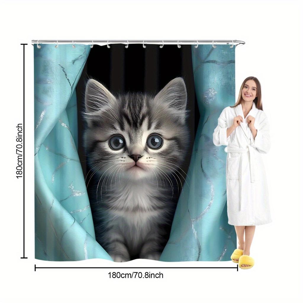 4-teiliges lustiges Katzen-Duschvorhang-Set mit rutschfester Badematte, Toilettendeckelbezug, Kontur-Teppich & 12 Haken, Badezimmerdekoration