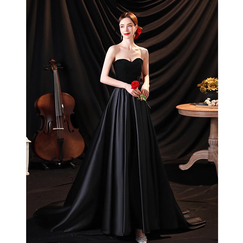 Temperament black long small trailing dress dinner party solo recitation performance suit host tube top evening dress