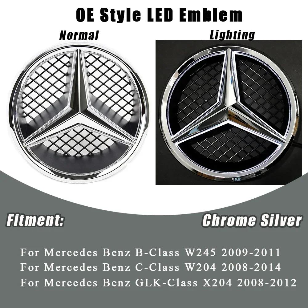 Car Front Grilled Star Emblem LED Illuminated Logo Glossy Black Border and Chrome Silver For Mercedes Benz W204 W245 X204 Class