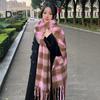 Women Scarf Plaid Print Thickened Warm Long Shawl with Tassel Trim Versatile Winter Blanket Wrap Daily Wear