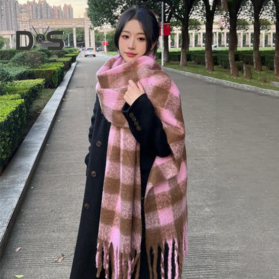 Women Scarf Plaid Print Thickened Warm Long Shawl with Tassel Trim Versatile Winter Blanket Wrap Daily Wear