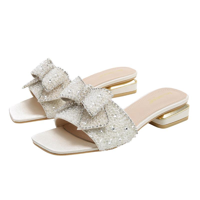 New Summer Low Heel One-word Drag Fashion Thick Heel Fairy Wind Cool Slippers Square Head Rhinestone Bow Out Slippers