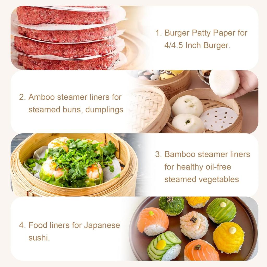 400pcs Air Fryer Liners, 4 inches Bamboo Steamer Liners, Premium Perforated Parchment Steaming Papers, Non-stick Steamer Mat Liner for Air Fryers