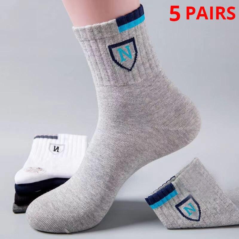 5 Pairs Men's Medium Length Socks Can Be Worn With Letter Pattern In All Seasons Sports And Fashion Socks