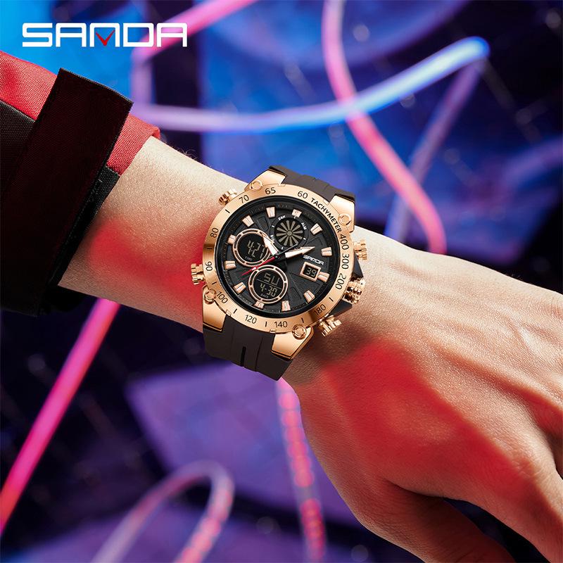 SANDA Men's Fashion Sports Dual Display Electronic Watch – Multifunction Timer, Alarm, Luminous, Waterproof.