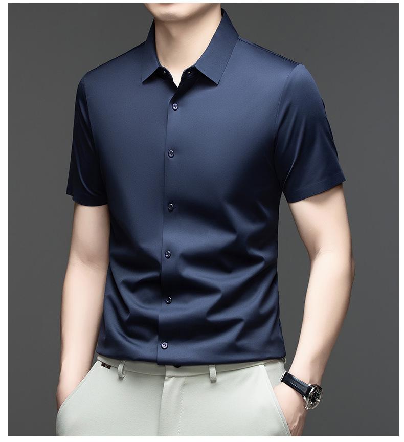 Pánská letní bezešvá košile s krátkým rukávem z ledového hedvábí - Prodyšná, jednobarevná, Business Casual, s krátkým rukávem.