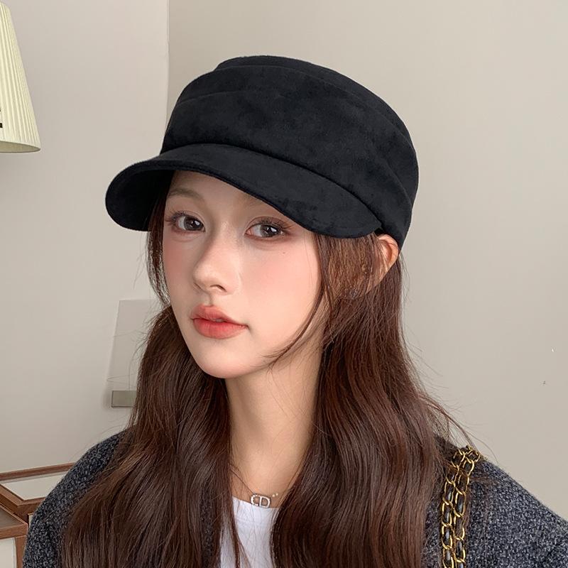 Retro Pleated Suede Flat-top Equestrian Hat for Women In Autumn and Winter Newsboy Hat Versatile Face Showing Small Duck Tongue Beret
