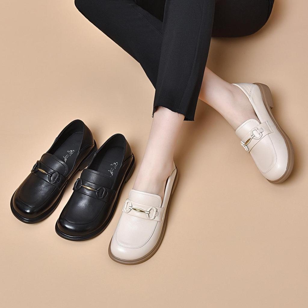 2024 Spring Women's Round Toe Leather Loafers: Korean Style, Comfortable Sheepskin Flats, Exclusive To Physical Stores.