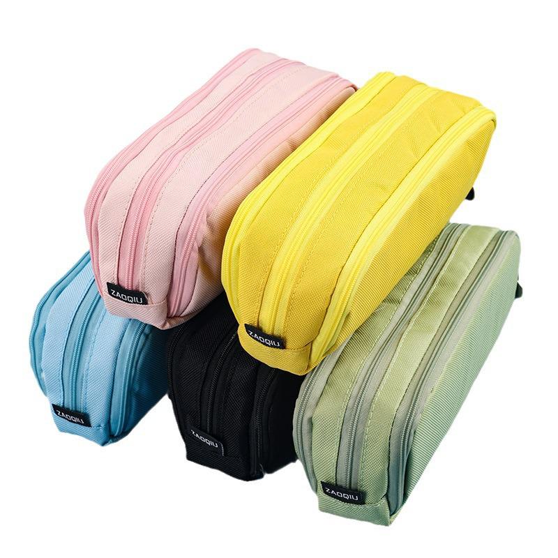 Macaron Color Double Zipper Large Capacity Pencil Bag - Dirt-Resistant Square Stationery Case for Students