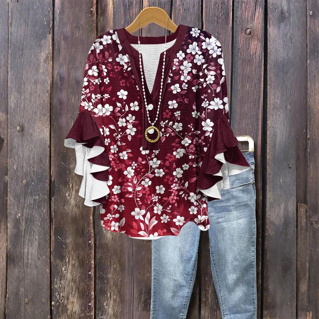 Tops For Women Cute Button V Neck 3/4 Sleeve Blouses Print Top Casual Shirts